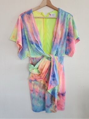 L'ATISTE Neon tie dye plunge dress